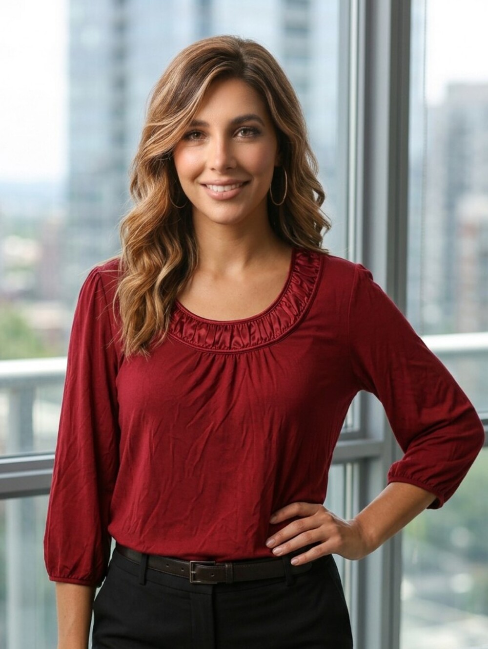 Emma James Burgundy Red Puff Sleeve Knit Top Shirred Satin Scoop Neck Size Large